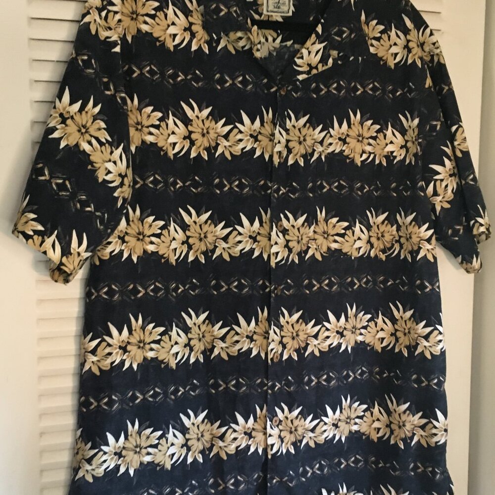 sz l Hawaiian button up Roundtree & Yorke cotton shirt blue tan floral casual